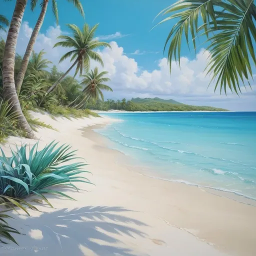 Prompt: ((masterpiece)), (best quality), (detailed), tropical beach, turquoise, crystal clear, white sand, palm fronds, paradise, tranquil, inviting, vacation