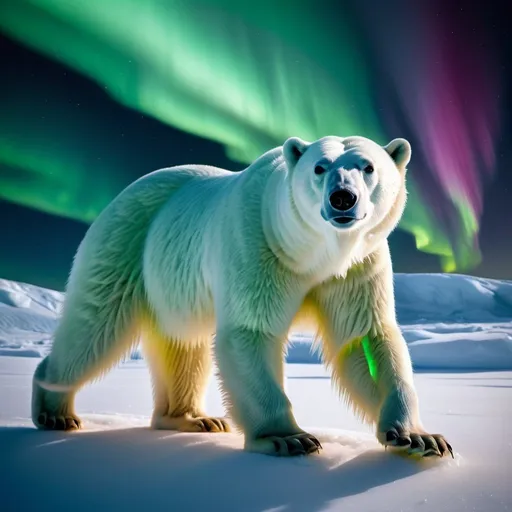 Prompt: A radiumescent polar bear spirit prowls across the Arctic night, its ghostly form sculpted from pale, glowing radiation. The bear's fur shimmers with a soft emerald radiance, like ghostly foxfire, while its blazing eyes cut through the darkness. Each step across the frozen tundra leaves a faint trail of Cherenkov radiation, bathing the surrounding ice and snow in a spectral glow. The auroras blaze overhead in a kaleidoscope of color and light.