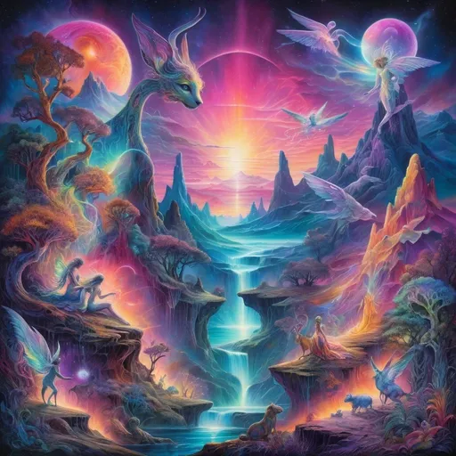 Prompt: "Josephine Wall-inspired artwork of a synthwave landscape, featuring ethereal figures and fantastical creatures blending into a neon-lit, cosmic background, with vibrant colors and surreal dreamlike elements."