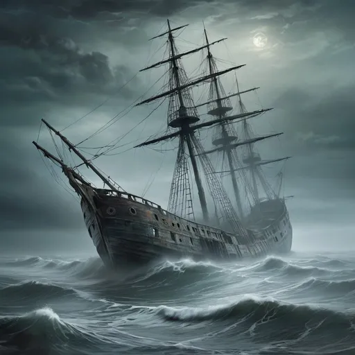 Prompt: ((masterpiece)), (best quality), (detailed), ghost ship, eerie, mist-shrouded, barnacled, derelict, spooky, waves lapping, mysteries, high seas, haunting
