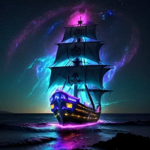 Prompt:  (Keyword: Electric Glow): Create an image where the pirate ship sails through an electric glow atmosphere, with the galaxy's vibrant colors illuminating the night sky and reflecting off the ocean's surface.