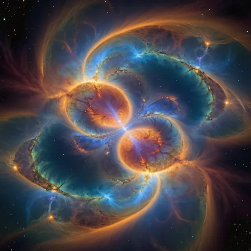 Prompt: At the burning heart of a massive nebula, an astrobiological singularity has formed - a raging wormhole that serves as a cosmic birthing chamber for strange new forms of life. Its circular event horizon is sculpted from swirling auroras of bioluminescent plasma teeming with exotic biochemistries and refracting the light of a million stars into fractal kaleidoscopes of spectral genesis and transcendence.