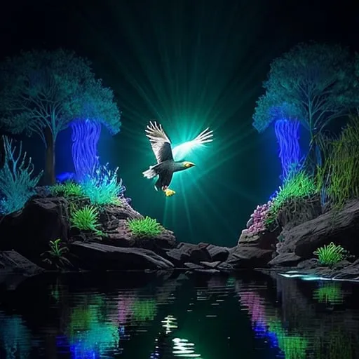 Prompt:  (Keyword: Bioluminescent): Imagine a bald eagle hunting near a bioluminescent river, where glowing fish and aquatic plants illuminate the scene with vibrant colors.