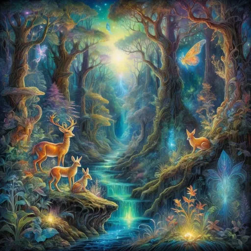 Prompt: "Bioluminescent scene in the style of Josephine Wall, with glowing plants and animals illuminating a mystical forest, creating a magical and enchanting ambiance filled with radiant, vibrant colors."