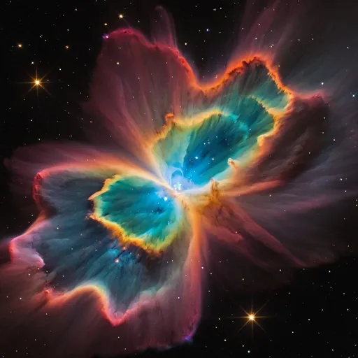 Prompt:  (Keyword: Photoluminescence): Illustrate a cosmic nebula bursting with photoluminescent colors, showcasing radiant clouds of gas and dust illuminated by nearby stars.