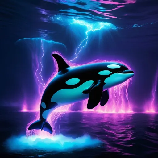 Prompt:  (Keyword: Electric Glow): Capture an orca whale in an electric glow, as it navigates through electrified waters charged with energy from underwater volcanic vents.