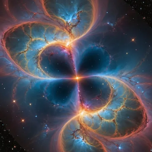 Prompt: At the burning heart of a massive nebula, an astrobiological singularity has formed - a raging wormhole that serves as a cosmic birthing chamber for strange new forms of life. Its circular event horizon is sculpted from swirling auroras of bioluminescent plasma teeming with exotic biochemistries and refracting the light of a million stars into fractal kaleidoscopes of spectral genesis and transcendence.