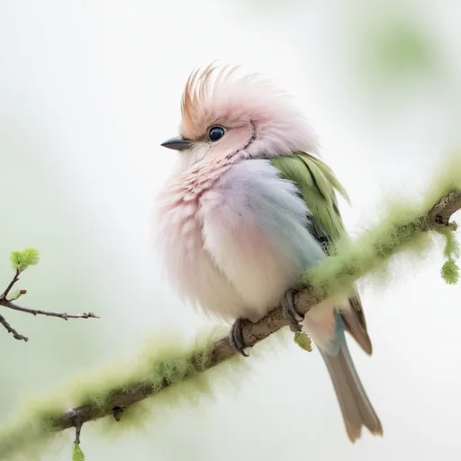 Prompt: A stunning photograph of a fluffy, pastel-colored bird perched on a slender branch. The bird's feathers display a blend of soft, pastel hues, making it stand out against the predominantly white background. Its large, round eyes are filled with curiosity, as it gazes into the distance. The branch it rests upon has a few small, green leaves, adding a touch of natural green to the scene. The overall atmosphere of the image is vibrant and whimsical, with a sense of tranquility., photo