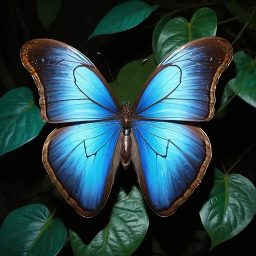 Prompt:  (Keyword: Bioluminescent): Imagine the Menelaus blue morpho butterfly in a bioluminescent rainforest, where glowing flowers and insects add a surreal ambiance to its delicate presence.