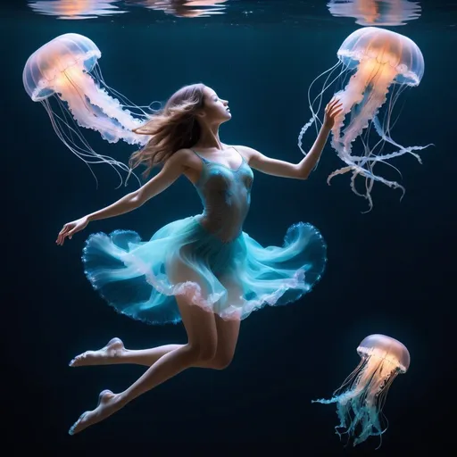 Prompt: ((masterpiece)), (best quality), (detailed), underwater, balletic, graceful, jellyfish, bioluminescent, mesmerizing, patterns, dance, aquatic, ethereal, fluid, rhythmic, luminescent, delicate, enchanting, serene, captivating, mesmerizing