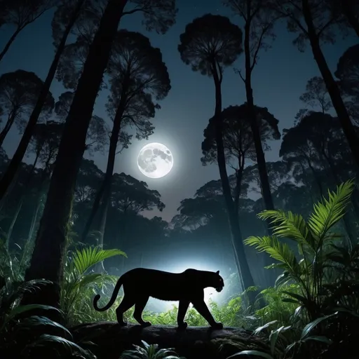 Prompt: A panorama capturing the serenity of a moonlit jungle clearing, where the silhouette of a panther stands amidst the towering trees, its eyes gleaming with an otherworldly glow. Keywords: nocturnal, eerie, mystical, moonlit, tranquil. Camera type: Mirrorless. Camera lens type: Wide-angle lens. Time of day: Night. Style of photography: Chiaroscuro. Type of film: Digital.