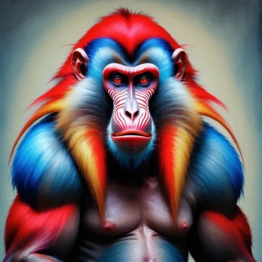 Prompt: ((masterpiece)), (best quality), (detailed), mandrill, primate, monkey, baboon, vivid, striking, red, blue, furry, old world, comical, outlandish, bizarre, surreal, alien, expressive