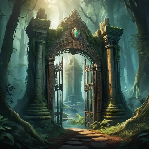 Prompt: 🏰🔑 "Unlock the gates to a lost kingdom hidden within the depths of a dense, ancient forest. Create a captivating graphic that depicts the grandeur and mystery of this long-forgotten realm waiting to be discovered. 🖌️"