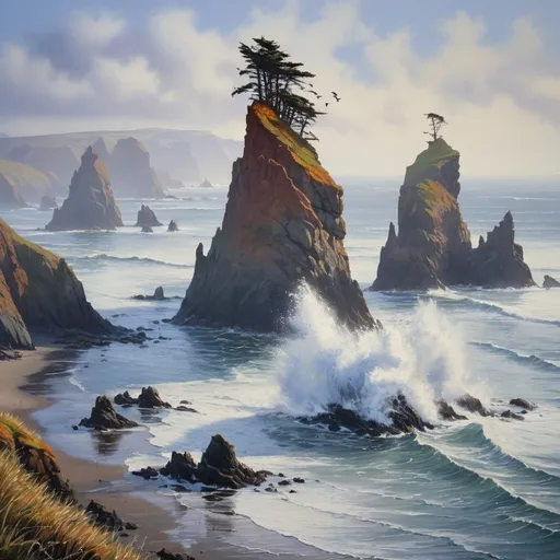 Prompt: ((masterpiece)), (best quality), (detailed), sea stacks, rocky needles, eroded, coastal, seabirds, wheeling, isolated, picturesque, ocean spray, windswept