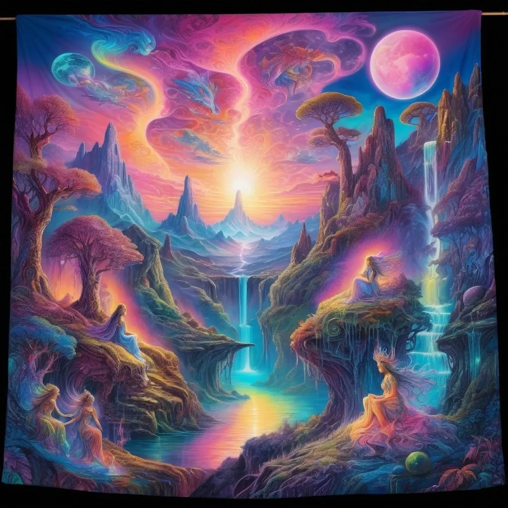 Prompt: "Fantasy synthwave scene in the style of Josephine Wall, with mystical beings and otherworldly landscapes bathed in neon hues, creating a vivid and imaginative tapestry of color and light."