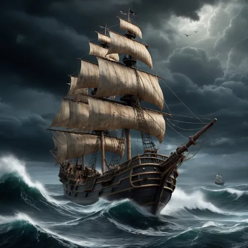 Prompt: ((masterpiece)), (best quality), (detailed), pirate ship, galleon, stormy seas, rogue waves, sails, billowing, haunting, dark adventure, high seas