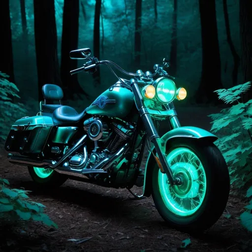 Prompt: "Bioluminescent Harley Davidson motorcycle glowing with an eerie blue-green light, parked in a dark forest, the bike casting an enchanting glow on the surrounding trees and foliage."