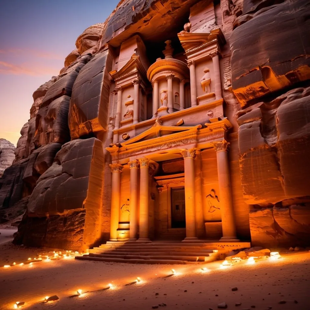 Prompt: ((masterpiece)), (best quality), (detailed), Petra, Jordan, sandstone, canyon, city, carved, tombs, ancient, roman, desert, sunset, orange, glowing