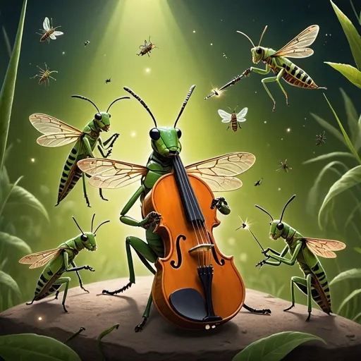 Prompt: Insect Symphony: Illustrate a concert conducted by insects. Grasshoppers play violins, ants strum tiny guitars, and fireflies light up as musical notes.