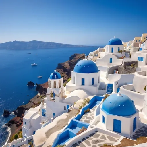Prompt: ((masterpiece)), (best quality), (detailed), Santorini, Greece, island, cliffs, whitewashed, buildings, blue, domes, caldera, aegean, sea, boats, sunny, bright