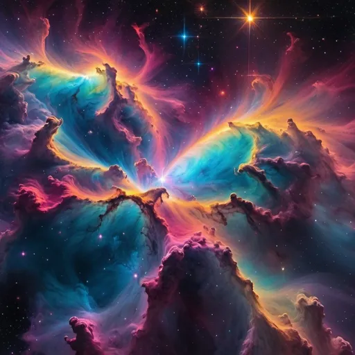 Prompt: Imagine a breathtaking depiction of a psychedelic nebula-filled space scene, meticulously detailed to capture the cosmic wonder. The vast expanse of space should be adorned with swirling nebulae, each intricately rendered to showcase their intricate patterns and vivid colors. The scene should be vibrant and electrifying, reminiscent of the iconic Lisa Frank style. The nebulae should seem to come to life, glowing with radiant hues that blend seamlessly against the backdrop of the cosmos. The level of detail should be impeccable, capturing the faintest streaks of nebulous gases and the brilliance of distant stars. Capture this mesmerizing sight in a high-resolution (4K) image, allowing viewers to lose themselves in the cosmic dance of colors and light. The camera should take a panoramic view, emphasizing the sheer scale and beauty of this psychedelic space.