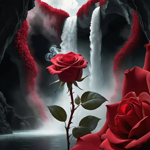 Prompt: Surreal phantasmagorical scene where a brilliant red rose made of smoke and shadow blooms in a dreamscape where gravity has been distorted, with waterfalls flowing upwards.