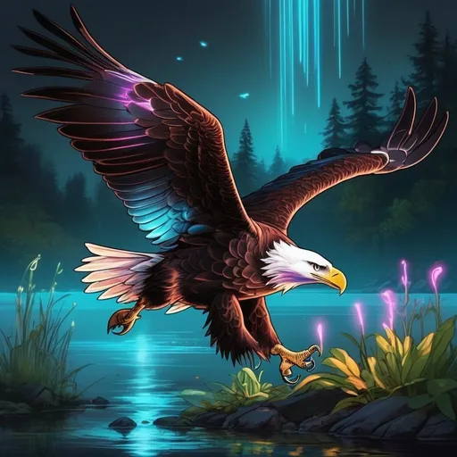Prompt:  (Keyword: Bioluminescent): Imagine a bald eagle hunting near a bioluminescent river, where glowing fish and aquatic plants illuminate the scene with vibrant colors.