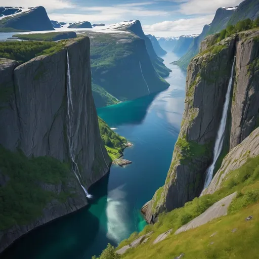 Prompt: ((masterpiece)), (best quality), (detailed), Fjords, Norway, inlets, cliffs, mountains, waterfalls, emerald, blue, still, serene, remote, pristine, fairy-tale