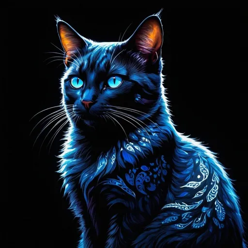 Prompt: ((masterpiece)), (best quality), (detailed), A vibrant, neon-illuminated depiction of a cat. The cat has a dark, almost black fur coat with intricate blue and white patterns. Its eyes are strikingly blue, and it appears to be sitting with its front paws tucked under its body. The background is predominantly dark, emphasizing the luminescence of the cat and the vivid colors of its fur.ᎩᗩᏆᔑ(◠‿◠), painting, fashion, illustration, vibrant, conceptual art, dark fantasy