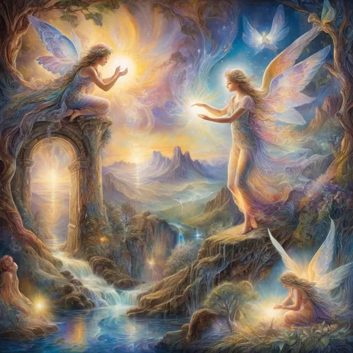 Prompt: "Ethereal light painting in Josephine Wall's style, featuring celestial beings and whimsical landscapes bathed in soft, glowing light, creating a serene and magical atmosphere."