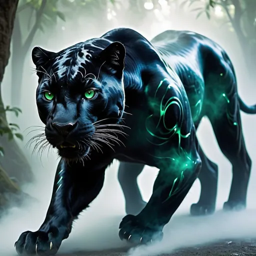 Prompt: A phantasmagorical apparition of a black panther drifts through the swirling mists of an ethereal realm, its sleek obsidian form endlessly shifting as if sculpted from living smoke and ghostly fractals. The panther's piercing emerald eyes blaze like twin black holes, their gravity wells distorting reality itself into a kaleidoscope of mirages and visual hallucinations. All around, the boundaries of perception dissolve into the sublime.