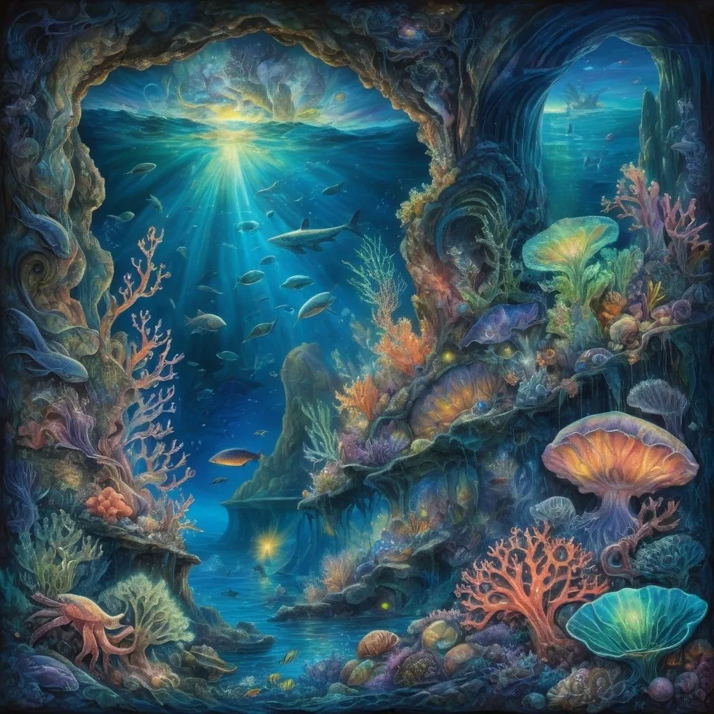 Prompt: "Josephine Wall-inspired bioluminescent underwater world, featuring luminescent sea creatures and coral reefs glowing in the deep sea, creating a fantastical and mesmerizing scene."