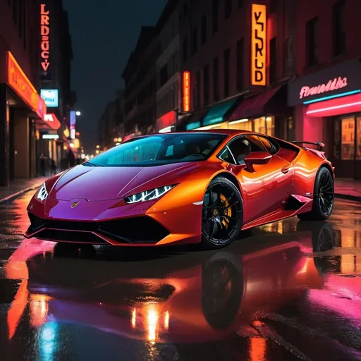 Prompt: A sleek Lamborghini Huracán EVO prowls down a neon-drenched noir cityscape, its angular wedge form sculpted from searing orange flames and black carbon fiber. Lurid crimson neon signs flicker across its sinuous curves, reflecting in the rain-slicked streets as the EVO blazes past seedy nightclubs and shadowy alleyways. The Huracán's piercing LED headlamps cut through the night like plasma lances, igniting the very air into blinding electroluminescent fire.