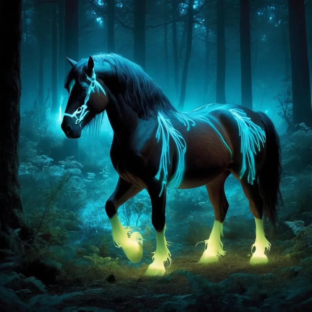 Prompt: (Keyword: Bioluminescent): Imagine the Clydesdale horse encountering bioluminescent creatures in a magical forest, with glowing fauna creating a surreal atmosphere around it.