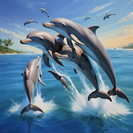 Prompt: ((masterpiece)), (best quality), (detailed), dolphins, pod, leaping, spinning, playful, intelligent, ocean freedom, joyful, friendly, sea life