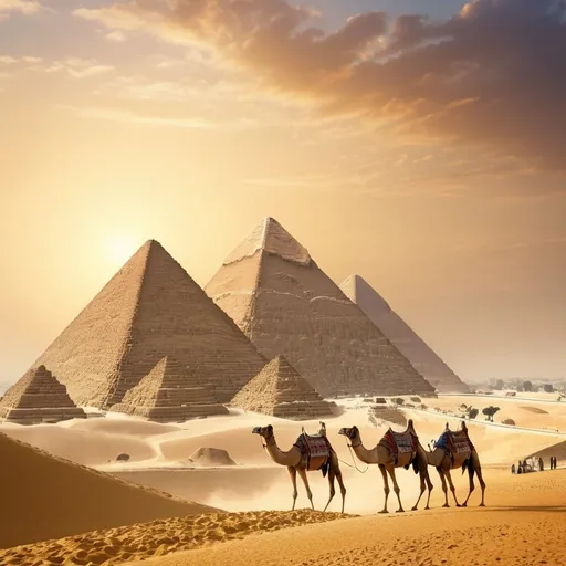 Prompt: ((masterpiece)), (best quality), (detailed), Pyramids of Giza, Egypt, pharaohs, desert, sand, camels, horizon, ancient, monumental, majestic, timeless