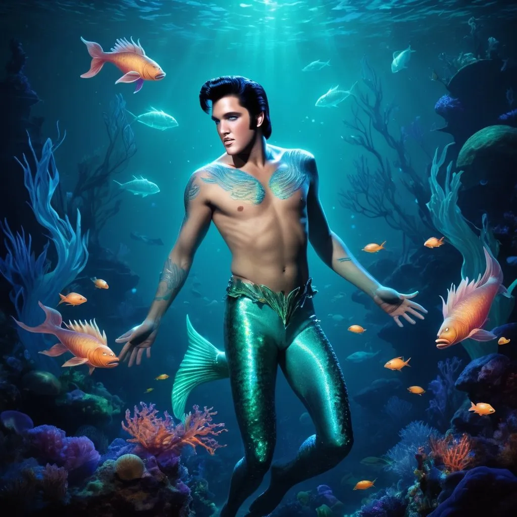 Prompt: BIOLUMINESCENT: Design an underwater fantasy where Elvis Presley is transformed into a bioluminescent merman, swimming among glowing sea creatures in an enchanted ocean.