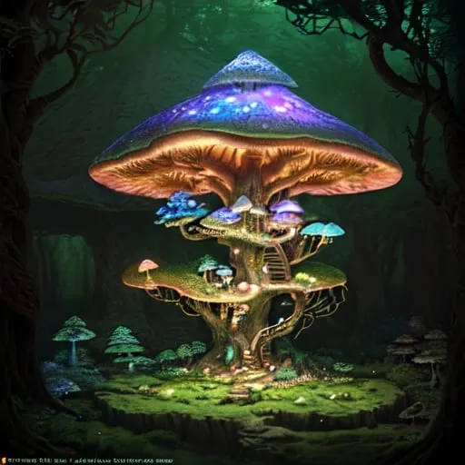 Prompt: A highly detailed photorealistic image of a magical treehouse hidden deep within an enchanted forest, with glowing mushrooms and fairies fluttering about, Type of Image: Fantasy scene, Art Styles: Whimsical, Tolkien inspired, Art Inspirations: John Howe, Alan Lee, Renderings: Soft lighting, Depth of field, Camera: 35mm lens, Establishing shot