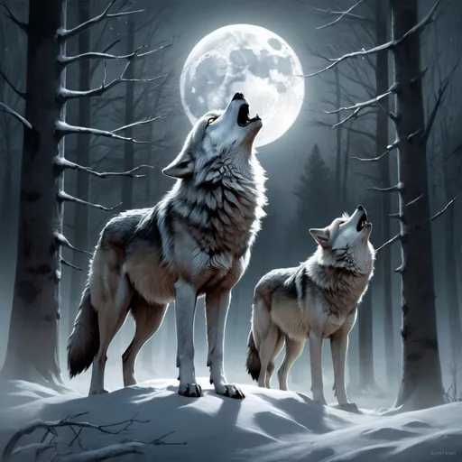 Prompt: ((masterpiece)), (best quality), (detailed), wolf, canine, pack animal, howling, forest, snowy, cold, winter, moonlight, ethereal, ghostly, haunting, chilling, fantastical