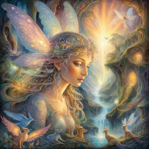 Prompt: "Fantasy artwork with ethereal light, inspired by Josephine Wall, depicting a surreal world where luminous spirits and enchanted creatures move through a radiant, dreamlike environment."