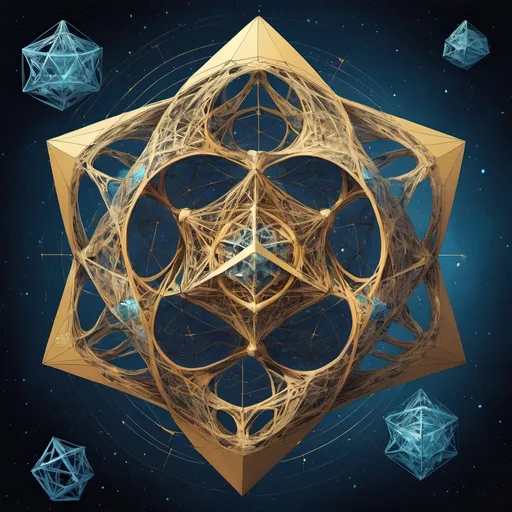 Prompt: (((Mind-bending Sacred Geometry))), a series of layered (((nested Platonic solids))), composed of (((golden ratio spirals and sacred geometry forms))), phasing into (((complex crystalline lattices and hyperdimensional space-time manifolds))), inspired by the esoteric digital works of ((((Mati Leeb, Cameron Gray, and the exotic physics explorations by Dr. Nassim Haramein))), (((flawless rendering of impossible geometric recursion, dynamic particle effects, micro-detailed surfaces))), expansive cosmic void backdrop