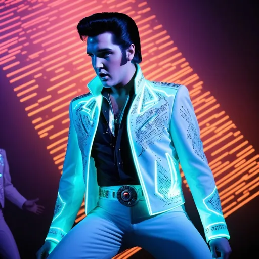 Prompt: ELECTROLUMINESCENT: Create a high-tech concert setting where Elvis Presley appears as an Electro-Icon, wearing electrifying attire that glows amidst a digital backdrop of futuristic technology.