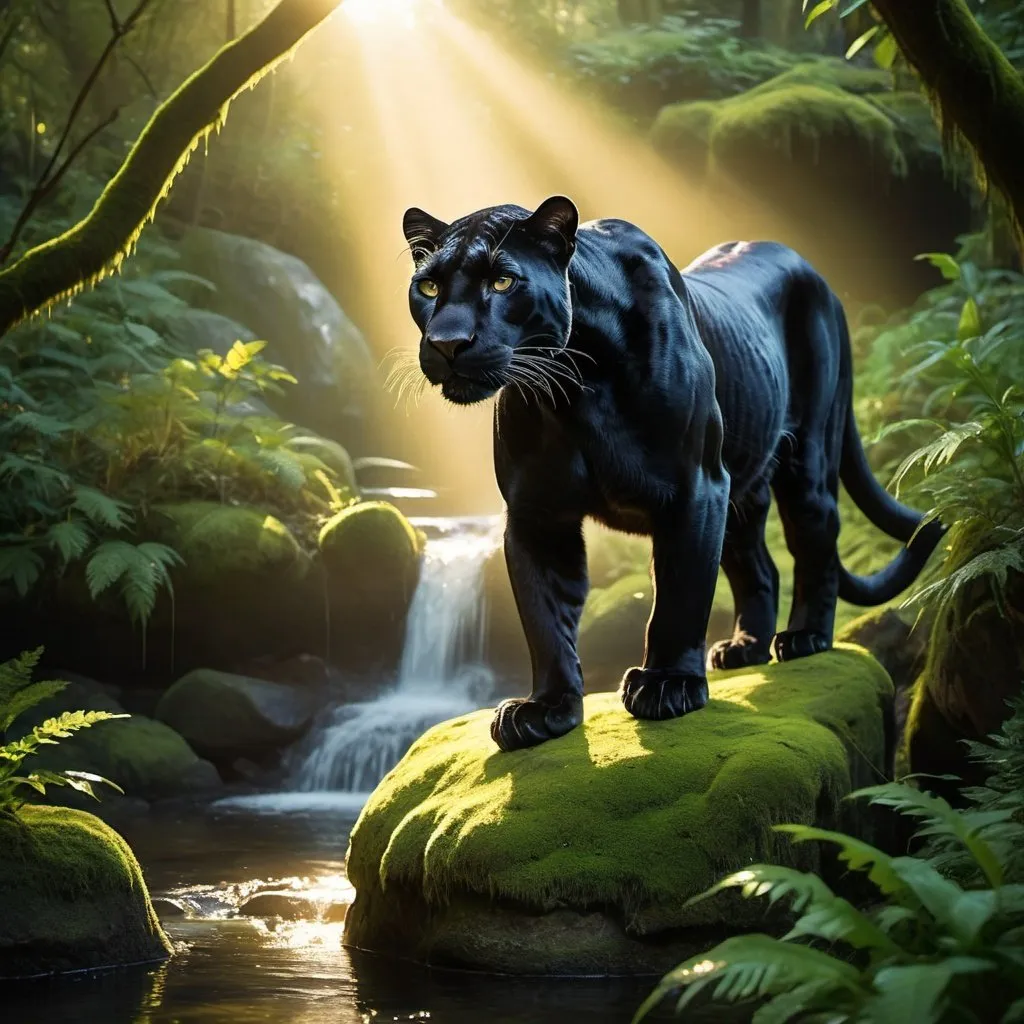 Prompt: A close-up shot of a panther crouched on a moss-covered rock, surrounded by lush foliage and trickling streams, with shafts of golden sunlight piercing through the dense canopy, creating a dramatic and ethereal scene. Keywords: majestic, verdant, illuminated, tranquil, powerful. Camera type: Mirrorless. Camera lens type: Prime lens. Time of day: Late afternoon. Style of photography: Volumetric. Type of film: Digital.