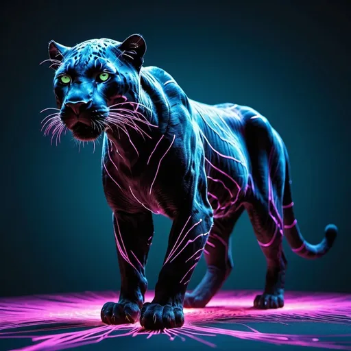 Prompt: Surreal scene of a black panther made from living electroluminescent energy, phasing through the fabric of reality into a glitched digital environment of fractalized data streams.