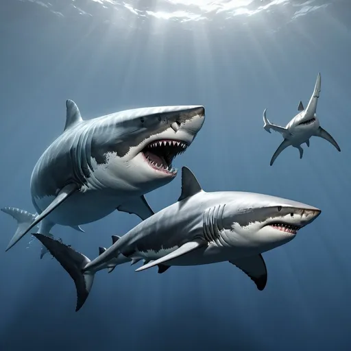 Prompt: "An ultra-realistic megalodon dwarfing a modern-day great white shark, its sheer size and power conveying the dominance of this ancient apex predator."