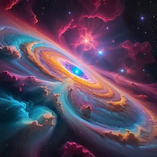 Prompt: Imagine a breathtaking depiction of a psychedelic nebula-filled space scene, meticulously detailed to capture the cosmic wonder. The vast expanse of space should be adorned with swirling nebulae, each intricately rendered to showcase their intricate patterns and vivid colors. The scene should be vibrant and electrifying, reminiscent of the iconic Lisa Frank style. The nebulae should seem to come to life, glowing with radiant hues that blend seamlessly against the backdrop of the cosmos. The level of detail should be impeccable, capturing the faintest streaks of nebulous gases and the brilliance of distant stars. Capture this mesmerizing sight in a high-resolution (4K) image, allowing viewers to lose themselves in the cosmic dance of colors and light. The camera should take a panoramic view, emphasizing the sheer scale and beauty of this psychedelic space.