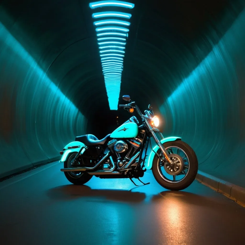 Prompt: "Harley Davidson bike emitting a bioluminescent glow, cruising through a dark tunnel, the surroundings illuminated by the bike's magical radiance, creating a surreal and captivating scene."