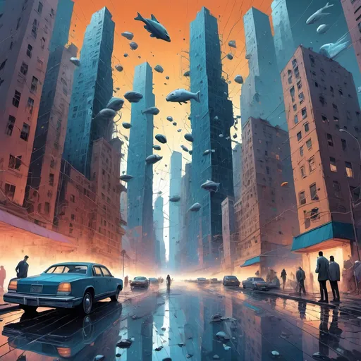 Prompt: (((Hyper-surreal cinematic environment))), an unnerving (((dreamscape cityscape caught mid-collapse))), with (((fracturing skyscrapers, streets morphing into abstract liquid forms))), and (((ghostly human figures falling into abysses while grasping at unraveling constructs))), inspired by the surreal works of ((((Rob Gonsalves, Dali, and the metaphysical alternate realities of Inception and Strange Days))), (((seamless transitions of realism into abstraction, haunting atmospheric rendering, metaphorical narrative undertones))), panoramic perspective  