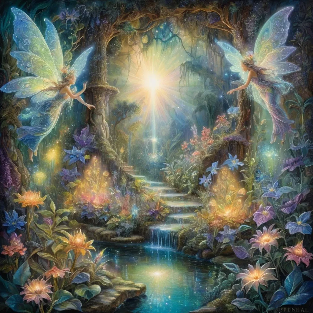 Prompt: "Josephine Wall-inspired photoluminescent painting of a mystical garden, with flowers and plants emitting a soft, magical glow, and fairies dancing in the radiant, otherworldly light."