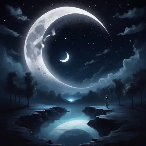 Prompt: 🌙🌑 "Transcend into a realm where darkness and light dance in an eternal cosmic ballet. Let your imagination soar and design a graphic that portrays the mystical harmony between the moon and the night sky in this enigmatic land. 🎨"